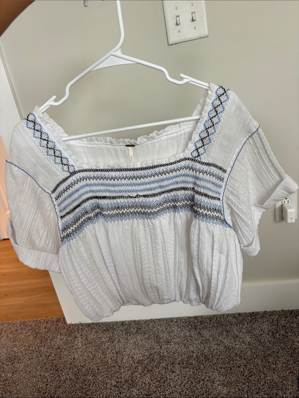 Free People White Peasant Top with Blue Embroidered Stripes